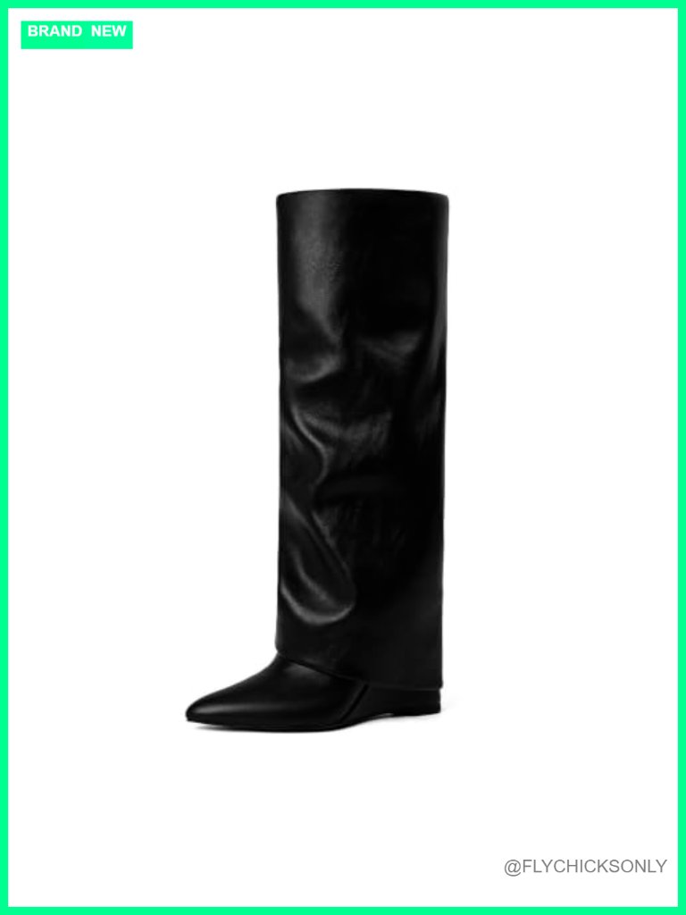 Fold Over Knee High Boots Wedge Heel Slouchy Tall Boots Zipper Pointed Toe Pu